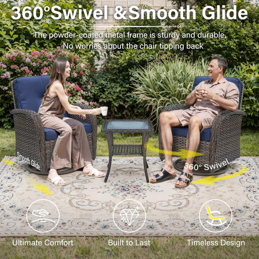 5 Piece Outdoor Patio Furniture Set with 50000 BTU Propane Fire Pit Table, Deep Seating Wicker Swivel Rocker Chairs and Loveseat Glider Patio Conversation Set for Deck Poolside Backyard Blue