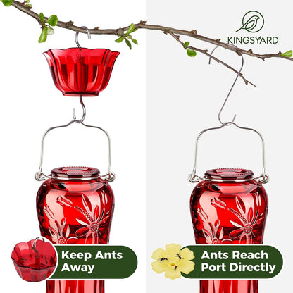 Kingsyard Glass Hummingbird Feeders for Outdoors Hanging, Hummingbird Nectar Feeder with Ant Moat & 6 Bee Guard Feeding Ports, 25 Ounces Leak Proof (Red)
