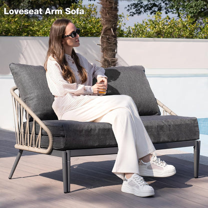 Patio Adjustable Daybed, 2-Person Outdoor Daybed with Cushions and Pillows, Woven Rope Patio Loveseat Garden Adjustable Reclining Chaise Lounge for Lawn, Poolside, Grey