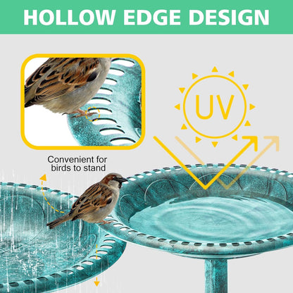 Bird Bath for Outside with 4 Removable Flower Planters 28in Polyresin Lightweight Vintage Birdbath Stake Standing Bowl and Water Feeder Yard Gardan Decor Green