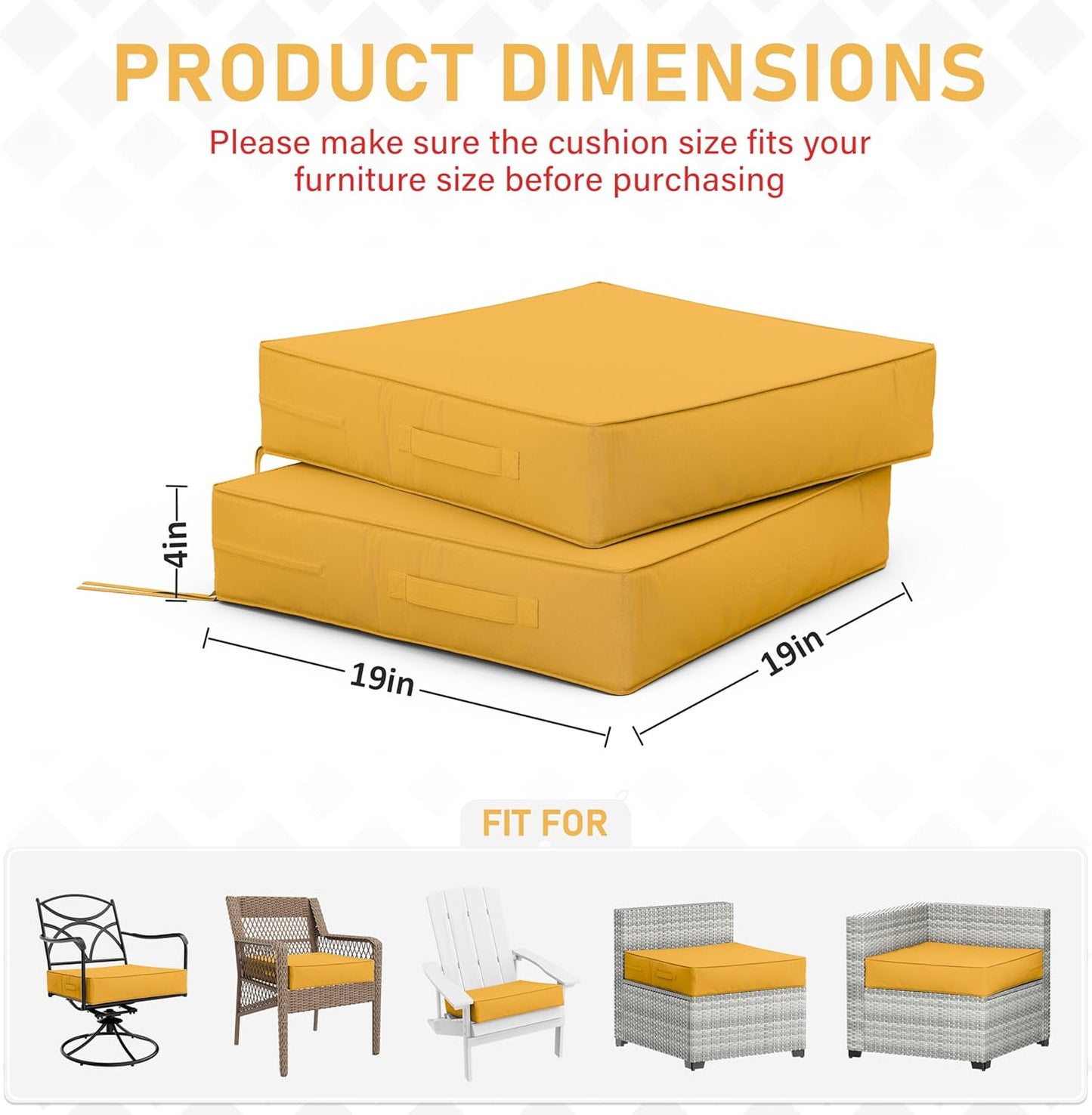 Patio Chair Cushions 19 X 19 X 4 Inch Waterproof Outdoor Seat Cushions for Patio Furniture, Outdoor Sofa Couch Pads with Ties & Handle, Set of 2, Yellow