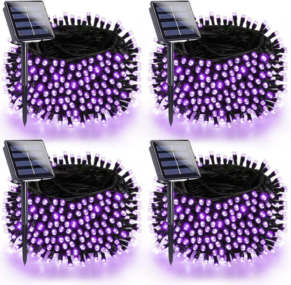 4 Pack Purple Solar Halloween Lights Outdoor Waterproof, 180FT 320 LED Solar String Lights with Green Wire 8 Modes Solar Fairy Twinkle Light for Tree Bush Garden Horror Party Halloween Decorations