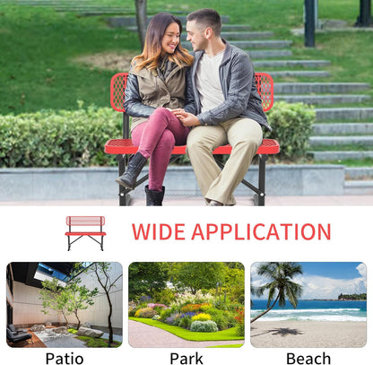 4 Feet Heavy Duty Metal Park Bench for Outside, Outdoor Bench with Backrest & Portable Frame, Commercial Benches for Shopping Malls, Stores, Parks, Patios, Decks, Red