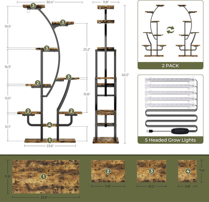 IRONCK Plant Stand Indoor with Grow Lights, 9 Tiered Indoor Plant Shelf, 62" Corner Plant Stands for Indoor Plants, Metal Plant Flower Display Shelves, Moon-Shaped Plant Rack for Home, Patio, Black