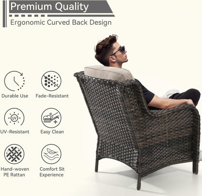 3 Pieces Outdoor Patio Chairs Set - Wicker Patio Conversation Sets with 1 Side Table, Olefin Fabric Cushions Suitable for Backyard Deck and Porch,Beige
