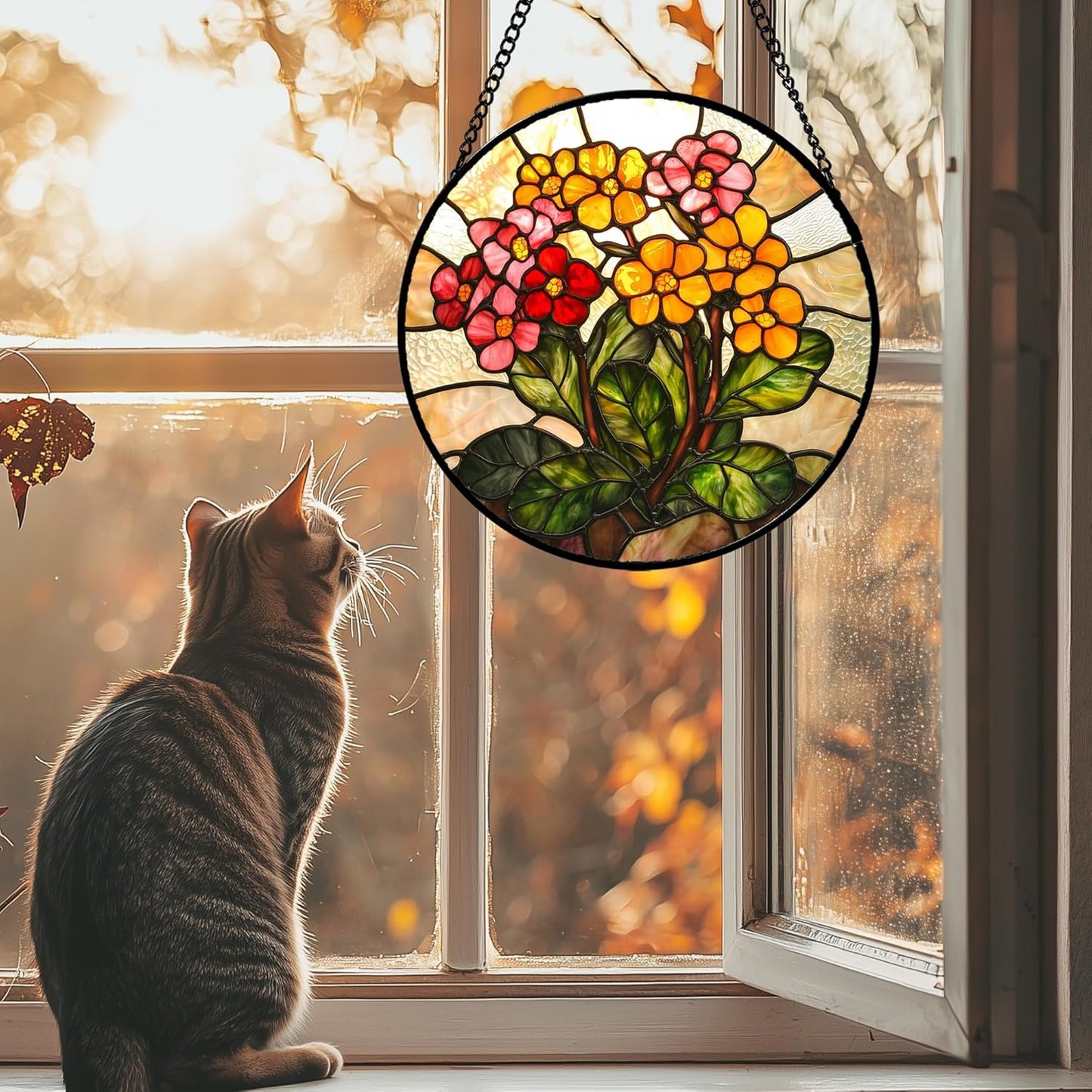 Stained Glass Window Hanging, Yellow Red Flowers Sun Catcher for Window Door Home Decor Green Plant Suncatcher Christmas Mother's Day Birthday Gifts for Women Men Mom and Nana 6.3 in