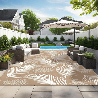 Pauwer Waterproof Outdoor Rug 9x12, Reversible Plastic Straw Patio Camping Rug, Indoor Outdoor RV Mat Carpet for Deck, Camper, Porch, Balcony, Backyard, Picnic, Leaf Brown