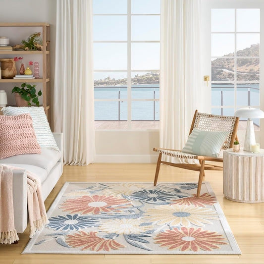 Nourison Aloha Ivory Rose 5'3" x 7'5" Area Rug - Easy Clean, Non Shedding, Bed Room, Living Room, Dining Room, Kitchen (5' x 8')