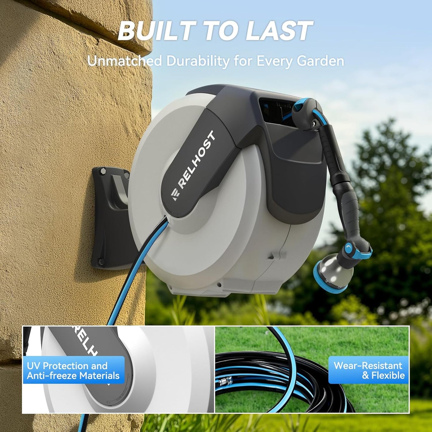 Retractable Garden Hose Reel 65 ft x 5/8 in, Heavy Duty Hose Reel Wall Mount with Any Length Lock, Auto Rewind System, 180° Swivel Bracket, 10-Pattern Garden Hose Nozzle, White & Grey