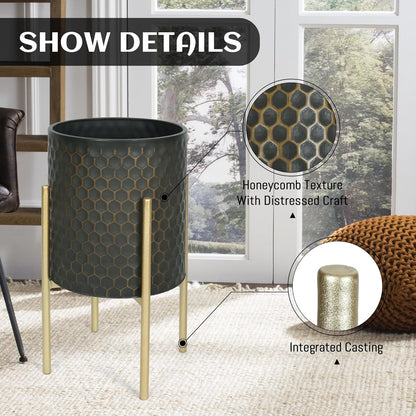 Oakrain Mid Century Planters for Indoor Plants, Set of 2, Modern Decorative Metal Pots for Living Room, Office, Garden or Balcony, Black&Golden Honeycomb, 10inch&12inch