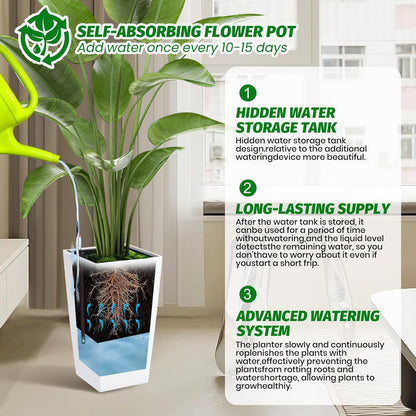 16" Tall Planters Set of 2, Outdoor＆Indoor Black Planter Pots, High Front Porch Planter Pots with Drainage Holes＆Water Level Monitor＆Inner Bucket, Automatic Watering,White