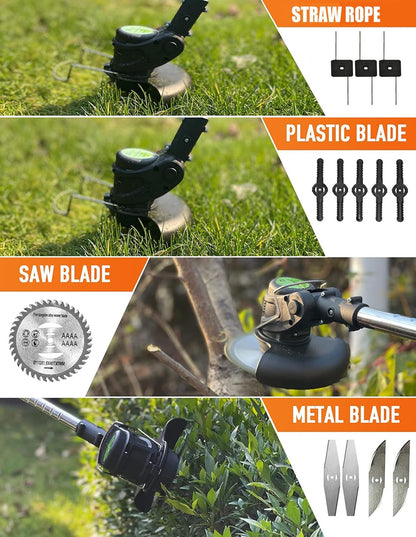 Weed Wacker 24V Eater Battery Brush Cutter, Electric Eater Battery Cordless stringles with 2 Batteries, 1 Charger, 3 Types Blades, Weed Wacker Battery Powered, Lightweight Battery Electric Weed