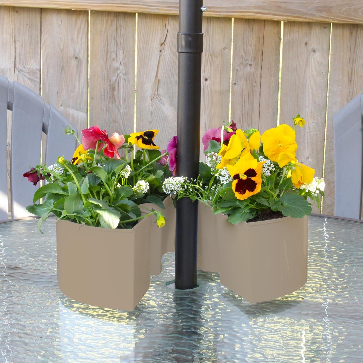 AuldHome Design Umbrella Planter for Patio Table (Beige/Greige), w/Umbrella Hole, Enamelware Half-Circle Planter Pots