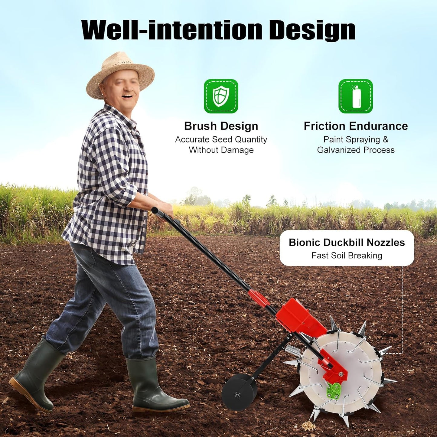 Manual Seeder,Garden Hand-Push Seeding Machine Walk-Behind Row Crop Planter Roller Seeding Hand Push Seeder for Soy Peanut Corn Cotton Soybean (10 Nozzles)