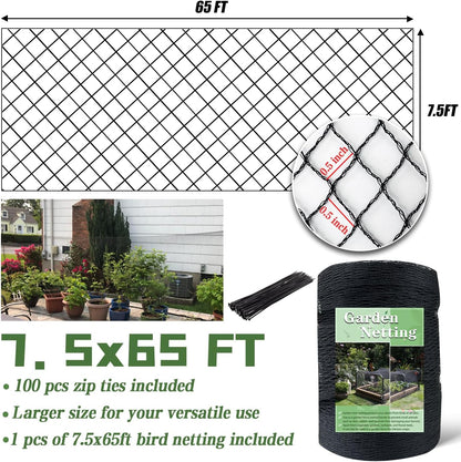 Bird Netting，7.5 x 65 FT Garden Netting Bird Net for Chicken Coop, Poultry Netting Fence for Fruit Trees, Plants and Vegetables Against Birds, Deer, Squirrels and Other Animals