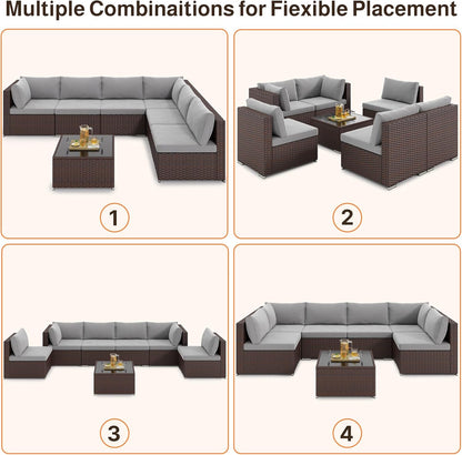 Ahomly 7-Piece Patio Furniture Set, Outdoor Sectional Couch with Water-Resistant Cushions & Coffee Table, PE Rattan Outdoor Patio Sofa Set for Backyard, Deck, Garden, or Porch, Grey