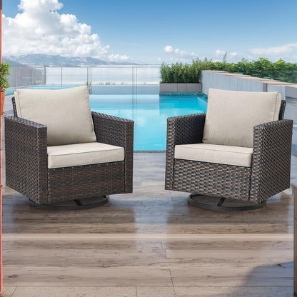 HUMMUH 3-Piece Patio Swivel Chairs,PE Wicker Outdoor Rocking Chairs Bistro Set with Side Table Porch Balcony Furniture with Cushions