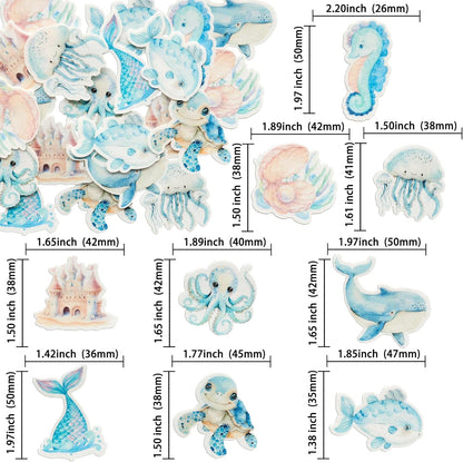 Ephlyn 54Pcs Edible Ocean Animal Cupcake Toppers Wafer Paper Octopus Dolphin Turtle Crab Mermaid Tail Cake Picks for Under the Sea theme Birthday Party Supplies Pink Blue