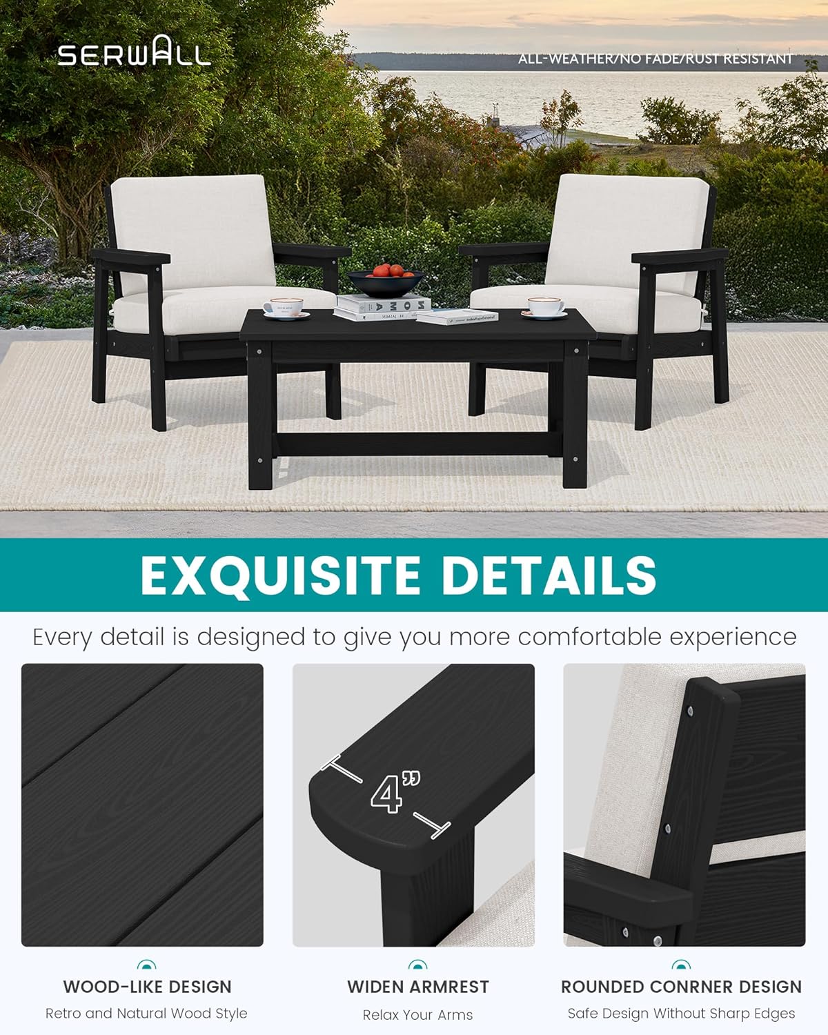 SERWALL HDPE Outdoor Couch Set of 2, All-Weather Wood-Like Outdoor Patio Furniture Set, Black Outdoor Sofa Chairs with Khaki Cushions