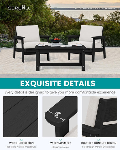 SERWALL HDPE Outdoor Couch Set of 2, All-Weather Wood-Like Outdoor Patio Furniture Set, Black Outdoor Sofa Chairs with Khaki Cushions