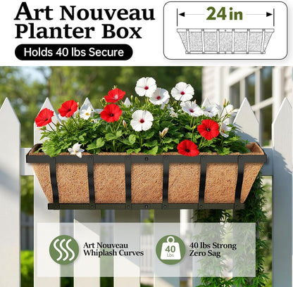 Railing Planter Boxes, Heavy Duty Window Box Planters, Adjustable Balcony Planters for Railing Hanging, with Coco Liner & Support Rod for Deck, Porch, and Patio Gardening (2 Pack, 24 Inch)
