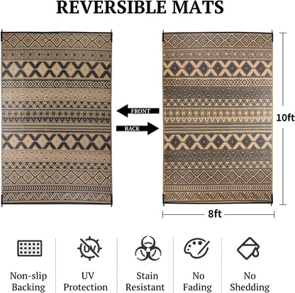 8'x10' Reversible Outdoor Rug - Eco-Friendly Plastic Straw Rug-Heavy-Duty Waterproof Mat, UV & Fade Resistant for Patio, Camping, RV, Deck, Balcony(8x10,Black&Brown)