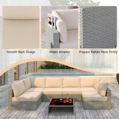 Patio Furniture Set 7-Piece, All-Weather Outdoor Conversation Set Sectional Sofa with Water Resistant Grey Thick Cushions and Coffee Table（Khaki）