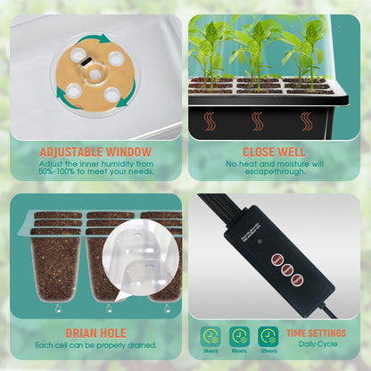 6-Set Seed Starter Tray with Grow Light, Seed Starting Trays Kits with Timing Controller Adjustable Humidity Domes Heightened Lids(12-Cells Per Tray)