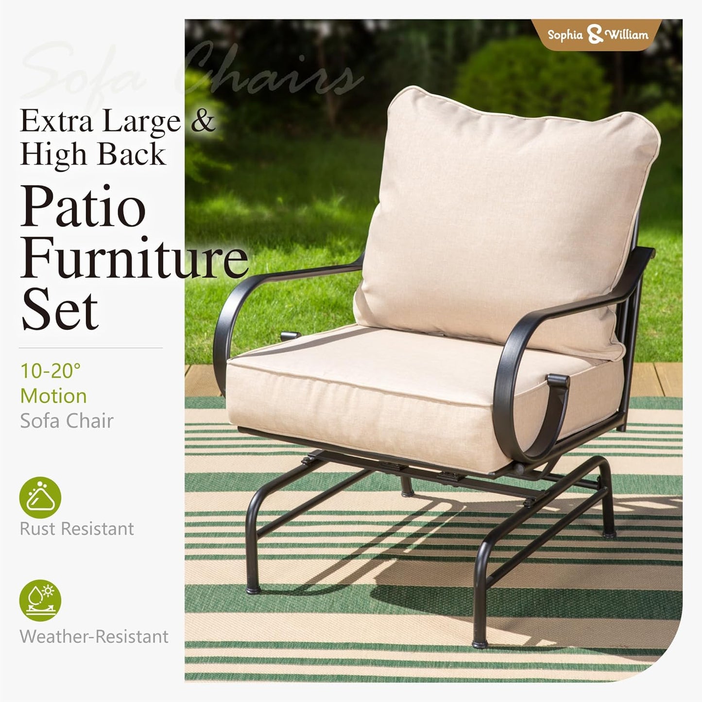Sophia & William 5 Pieces Outdoor Patio Furniture Set with Gas Fire Pit Table, Patio Conversation Set with 4 Extra Large & High Back Motion Sofa Chairs & 28-Inch Fire Pit