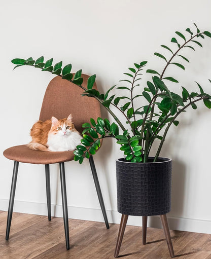 D'vine Dev 12 Inch Modern Geometric Tile Patterned Sleek Planter Pot with Stand, Indoor Outdoor Decorative Plant Holder, Distressed Black, 88-Z-C-5