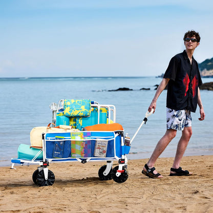 49" L Extra Long Beach Wagon with Tailgate,Big Wheels with Brake for Sand, Collapsible Utility Beach Cart Heavy Duty Folding Wagon,Ideal for Outdoor Sand Camping Garden Pet