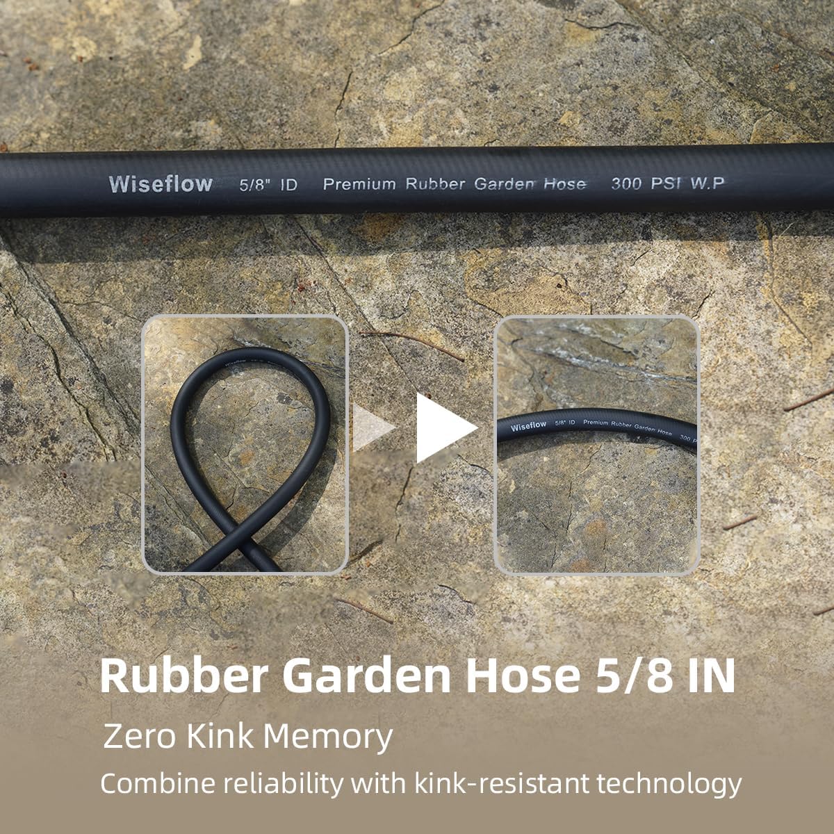 WiseFlow Garden Hose 25FT x 5/8", Heavy Duty Rubber Hose, 1000PSI Burst, 300PSI Working, Water Hose with Five Layered Braiding, Male Female Fittings (Black)