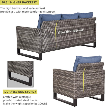 HUMMUH 7 Piece Patio Furniture with Fire Pit 30in 55,000 BTU,PE Wicker Outdoor Conversation Sets - Couch,Patio Chairs and Ottomans,Side Table for Porch,Garden,Backyard