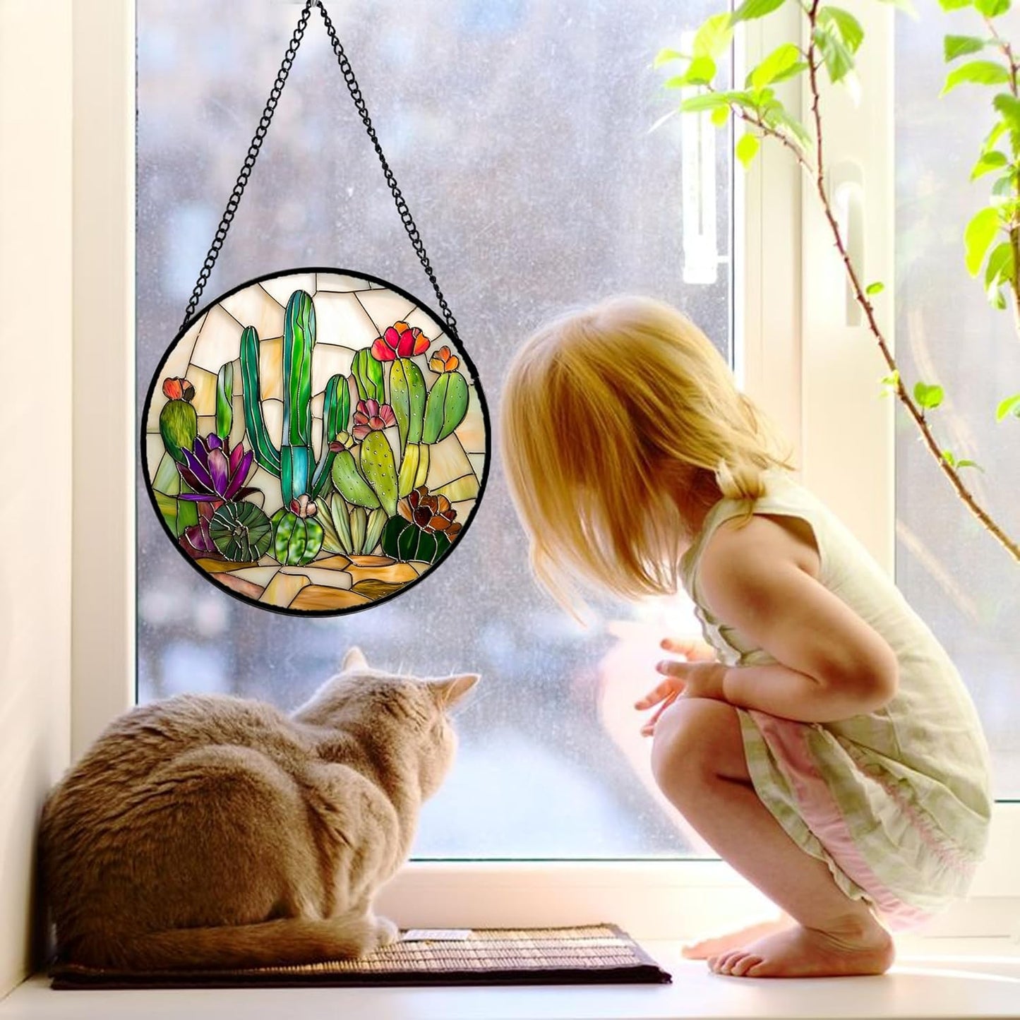 Stained Glass Window Hanging, White Green Cactus Suncatcher Diamond Glass Panel Hangings Sun Catchers Decor for Birthday for Women, Men, Wife, Aunt, and Mom 7.8 in