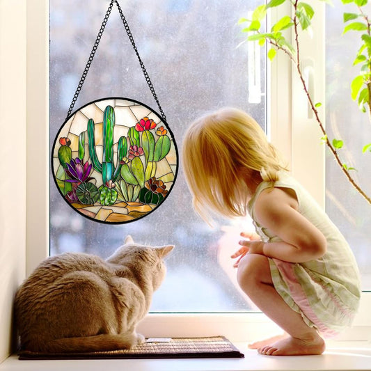 Stained Glass Window Hanging, White Green Cactus Suncatcher Diamond Glass Panel Hangings Sun Catchers Decor for Birthday for Women, Men, Wife, Aunt, and Mom 6.3 in