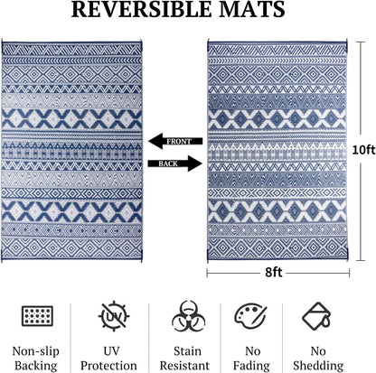 8'x10' Reversible Outdoor Rug - Eco-Friendly Plastic Straw Rug-Heavy-Duty Waterproof Mat, UV & Fade Resistant for Patio, Camping, RV, Deck, Balcony(8x10,Blue&White)