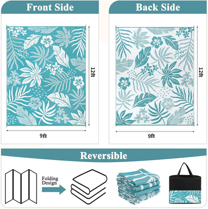 Pauwer Waterproof Outdoor Rug 9x12, Reversible Plastic Straw Patio Camping Rug, Indoor Outdoor RV Mat Carpet for Deck, Camper, Porch, Balcony, Backyard, Picnic, Floral Teal