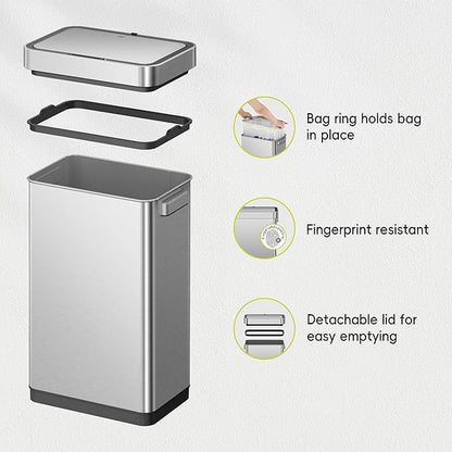 EKO Deluxe Mirage-T 50 Liter / 13.2 Gallon Touchless Rectangular Motion Sensor Trash Can, Matte Stainless Steel Finish