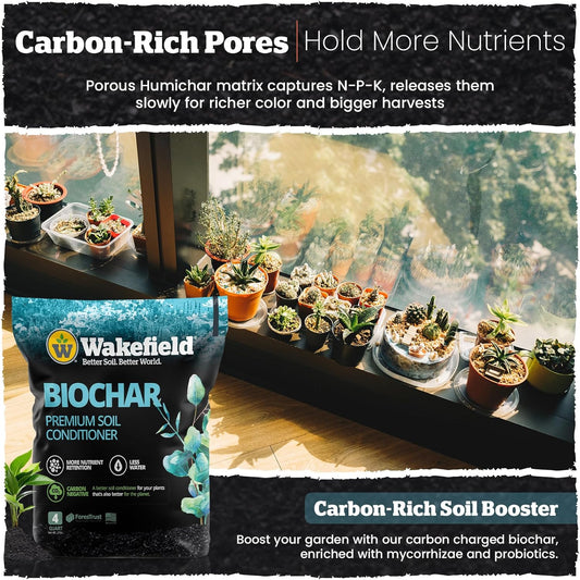 Wakefield Premium Biochar Soil Conditioner – 100% Pure Organic Biochar Soil to Boost Nutrient Retention and Water Efficiency for Houseplants, Gardens, & Lawns – 4 Quarts