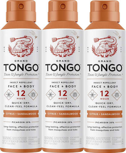 Citrus + Sandalwood Insect Repellent, 12-Hour Mosquito & Tick Protection, Picaridin-Based, Water-Based, Lightweight, Quick-Drying, Vanishing Scent, DEET Alternative, Face & Body Use,3 Pack