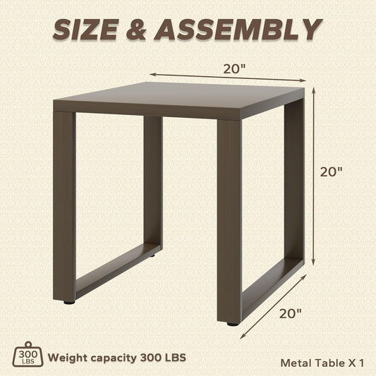 Outdoor Metal Side Table - 20"x 20" Small Square Coffee Table Patio Bistro Set Ideal Match for Patio Furniture, Wood-Looking Brown