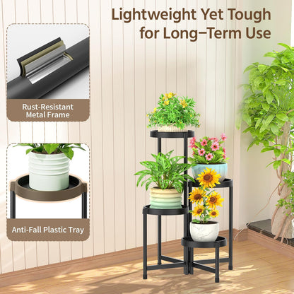 LASZOLA 4 Tiered Folding Plant Stand Indoor for Multiple Large Planter, Tall Heavy Duty Adjustable Rack with Rust Proof Plastic Shelving, Sturdy Vertical Tree Organizer for Narrow Inside Floor, Black