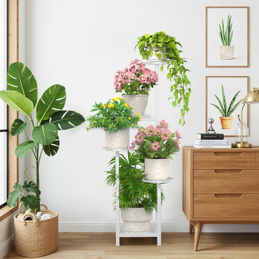 TOSKING 5 Tier Tall Plant Stand Indoor Outdoor, Heavy Duty Corner Shelf for Plants & Decor, Space Saving 3.9FT Metal Flower Pot Stand for Balcony, Garden, Living Room, Patio (White, 47in)