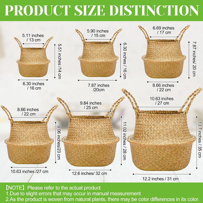 Qunclay 4 Pcs Woven Seagrass Baskets Belly Basket Folding Boho Natural Plant Pot with Handles Round Decorative Wicker Large Indoor Planter for Home Outdoor Tree Planters Decor (6.3 x 5.9 Inch)