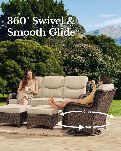HILLGA Luxury Patio Furniture Set with 6-Inch Thick Cushions, High Back Outdoor Swivel Rocker Chairs Patio Loveseat and Couch, 6-Piece All Weather Conversation Set for Porch Deck Pool Yard, Beige (V3)