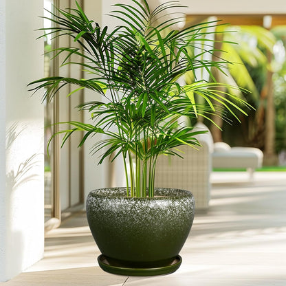 10 Inch Planter Pot - Ceramic Pots for Plants with Drainage Hole and Saucer, Round Large Flower Pot for Indoor Plants, Dark Green