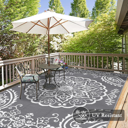 Pauwer Waterproof Outdoor Rug 10x14, Reversible Plastic Straw Patio Camping Rug, Indoor Outdoor RV Mat Carpet for Deck, Camper, Porch, Balcony, Backyard, Picnic, Boho Grey