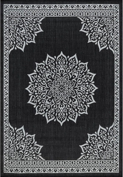 CAMILSON Outdoor Rug, 8x10 Medallion Black White Modern Area Rugs for Indoor and Outdoor Patios, Kitchen and Hallway Mats, Washable Porch Deck Outside Carpet (Medallion Black, 8 x 10)
