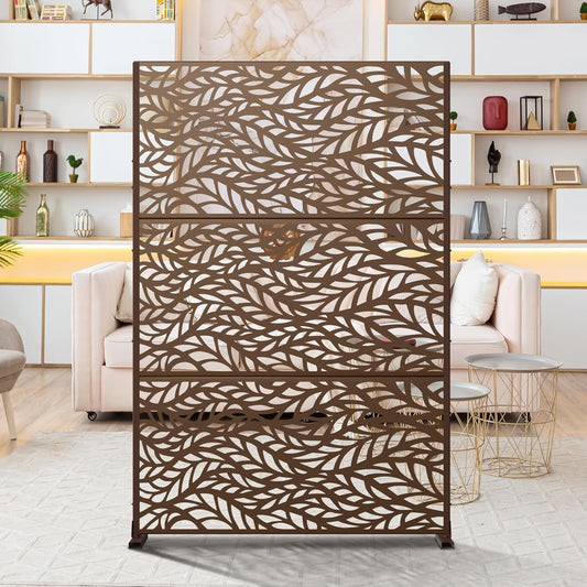 Metal Privacy Screen Outdoor 72" H×47" W,Freestanding Decorative Privacy Screen for Balcony Yard&Garden,Privacy Fence-Brown&Leaf