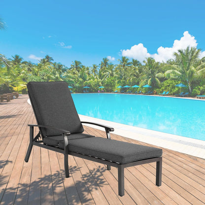 Outdoor Chaise Lounge with 5-Level Adjustable Backrest, Durable Aluminum Patio Chair with Waterproof Cushion & Wheels for Garden, Poolside, Grey